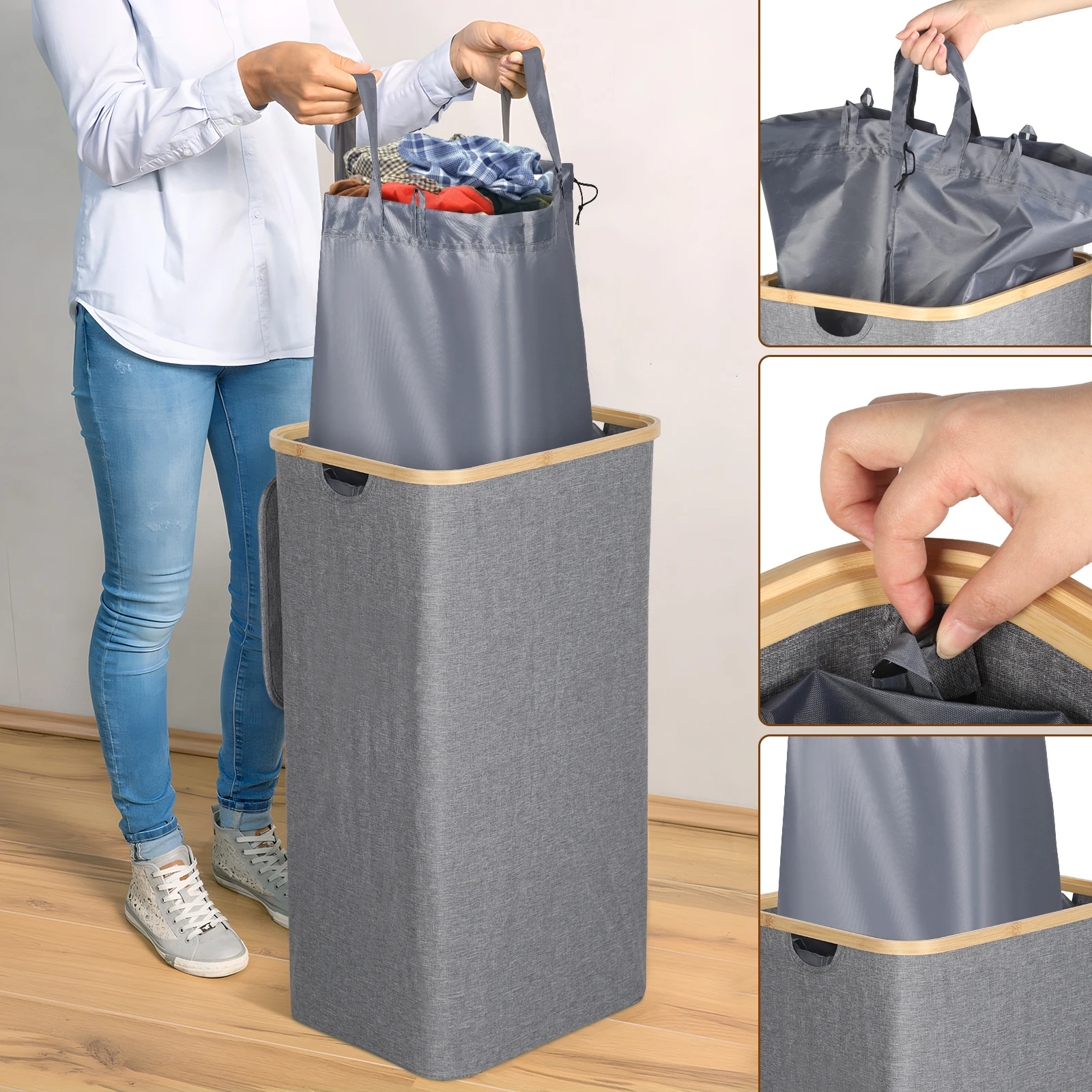 Laundry Basket With Lid, 105 L, Foldable 600D Oxford Fabric With Removable Laundry Bag, Bamboo Laundry Box, Laundry Sorter 3