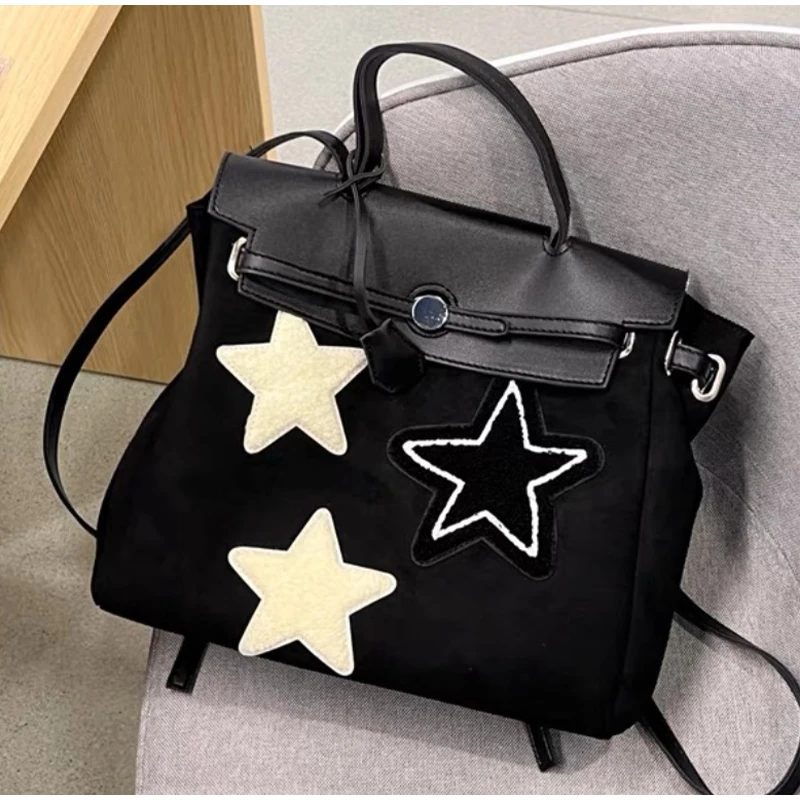 

Star Pattern Stitching Backpack 2023 Large-Capacity Ladies Handbag Personality Fashion Cute PU Leather Bag Design Sense Tote Bag