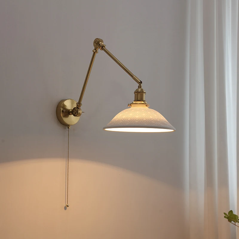 IWHD Pull Chain Switch LED Wall Lights Sconce Up And Down Copper Swing Long Arm Ceramic Lampshade Nordic Modern Wandlamp Lampara