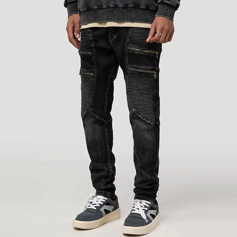 Street Fashion Men Jeans Retro Black Gray Elastic Slim Fit Spliced Designer Biker Jeans Men Stretch Patched Hip Hop Pants Hombre
