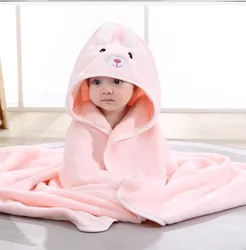 Cozy Cartoon Coral Fleece Hooded Baby Bathrobe & Towel Blanket (Pink bear)
