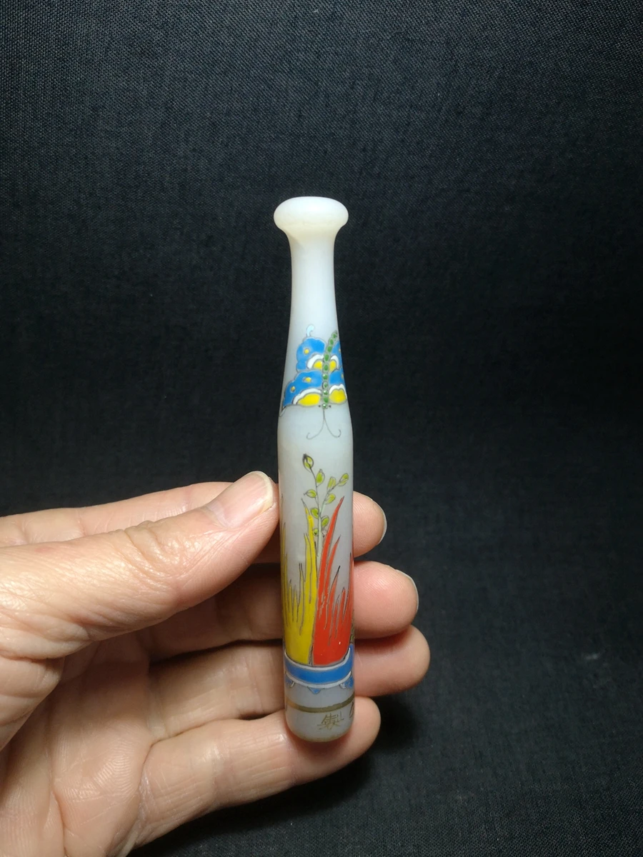 

4.7 in Mark Old Chinese Glaze Hand carving Painting butterfly flowers Smoke tsui