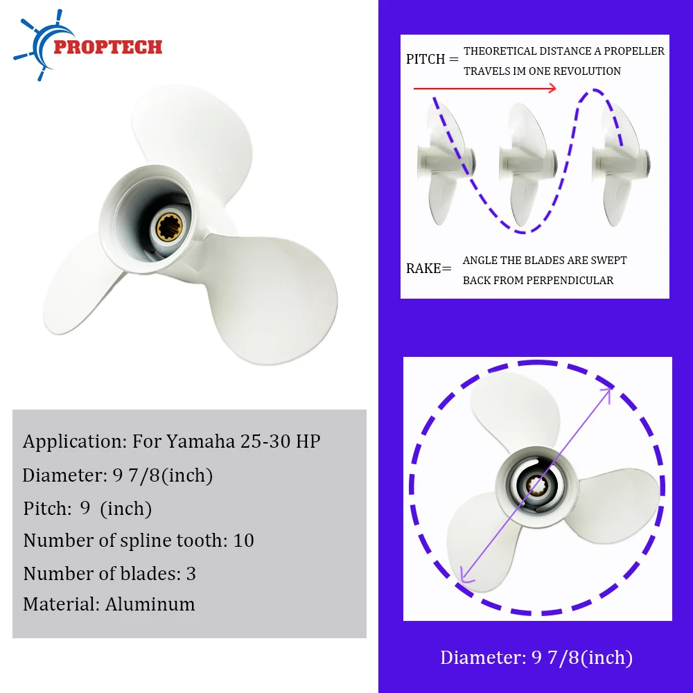 9 7/8*9 Outboard Propeller For YAMAHA 20HP 25HP 30HP Boat Motor 664-45941-01-EL 3 Blade 10 Spline Aluminum Alloy Screw