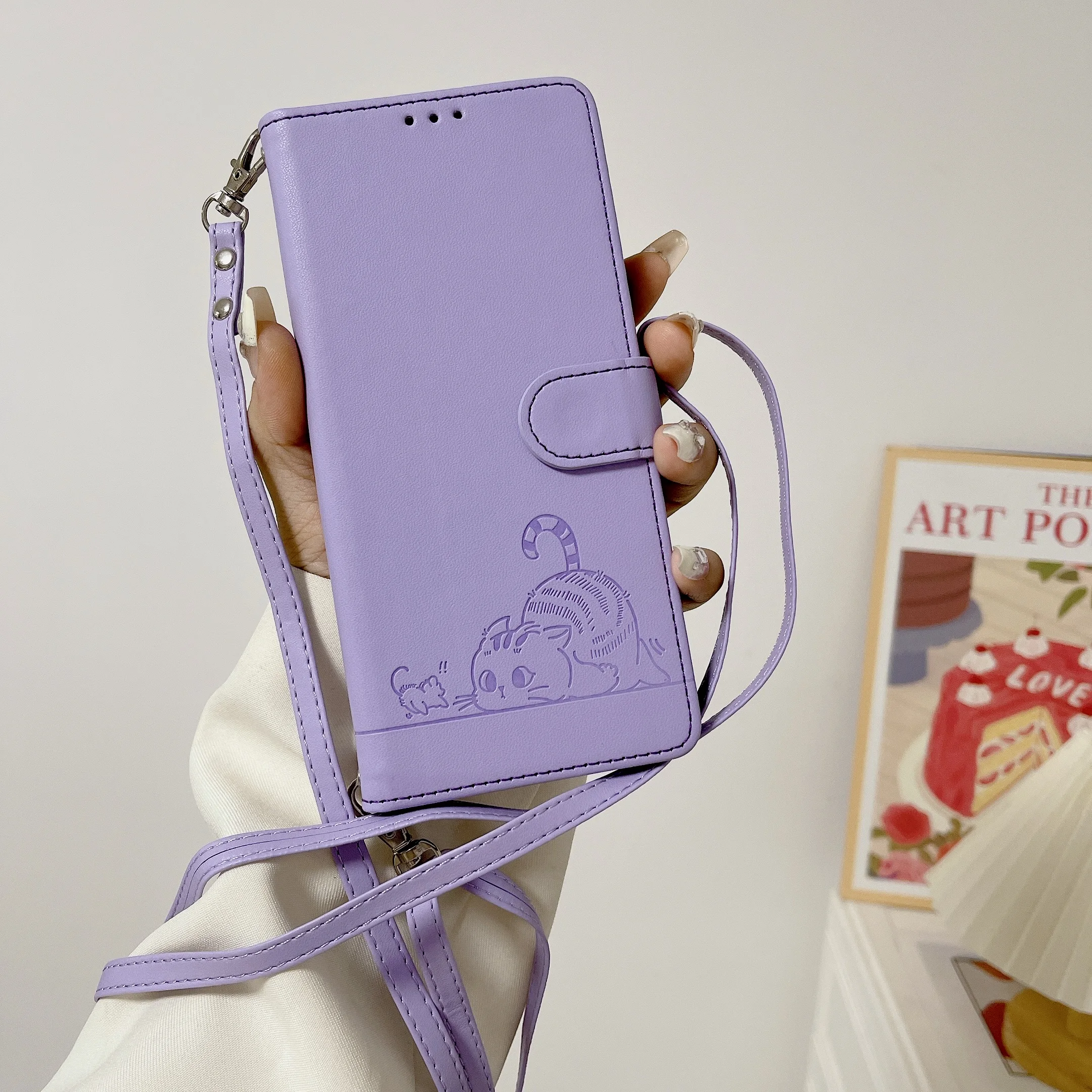 Chic Cat Crossbody Wallet Case with Leather Lanyard and Card Slots - Flip Phone Cover