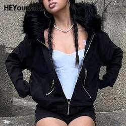 HEYounGIRL Large Fur Collar Hooded Zipper Sweatshirt Women's Minimalist Harajuku Crop Jacket Winter Outfits Letter Streetwear
