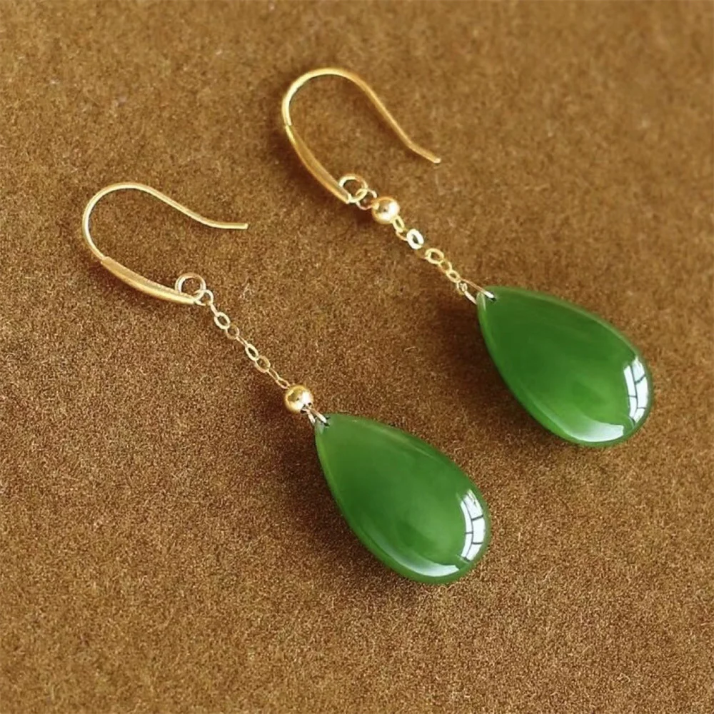 Hotan Natural Jade Water Drop Earrings 18k Gold Inlaid Fashion Earrings