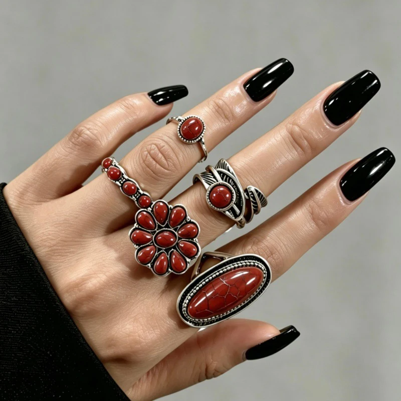 Elegant Dark Red Adjustable Ring Set - Vintage Bohemian Style, Rust-Proof Finger Jewelry, Perfect Holiday Gift