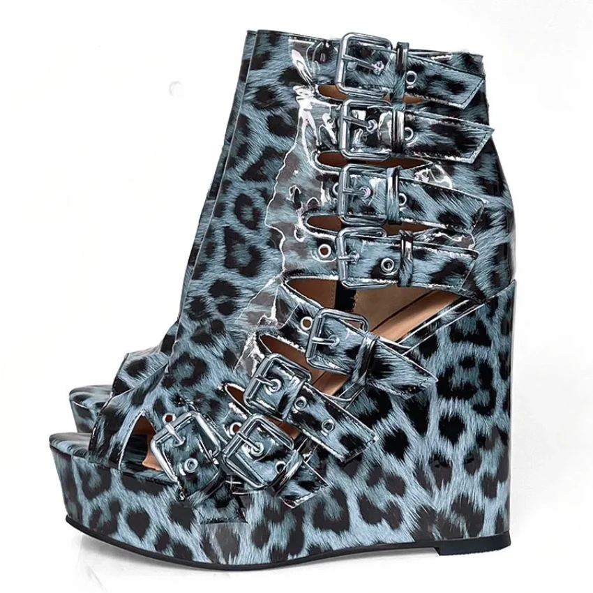 

2024 Hot Women Platform Sandals Patent Buckle Strap Wedges Heels Round Toe Beautiful Leopard Cosplay Shoes US Plus Size 5-20