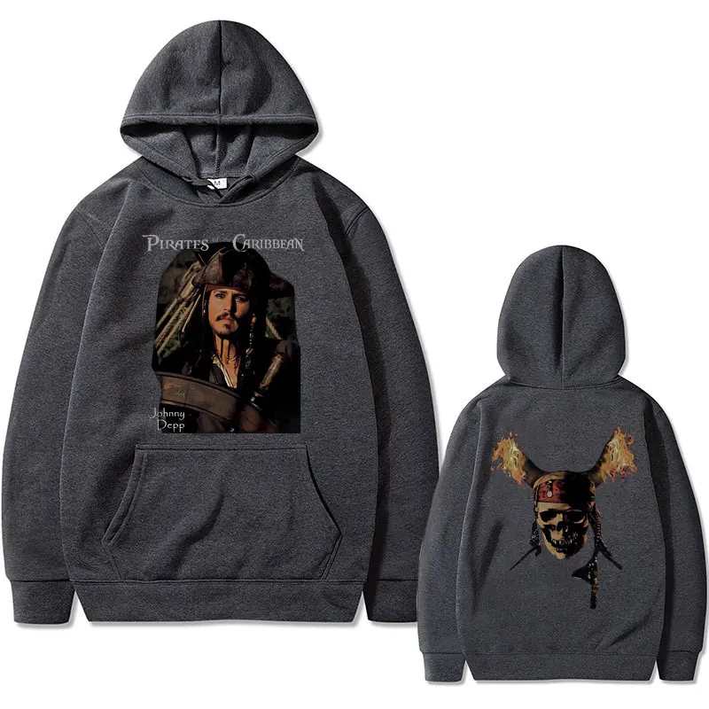 Vintage Pirates of The Caribbean Skeleton Print Hoodie Johnny Depp Graphic Hoodies Men Women Casual Loose Oversized Sweatshirts