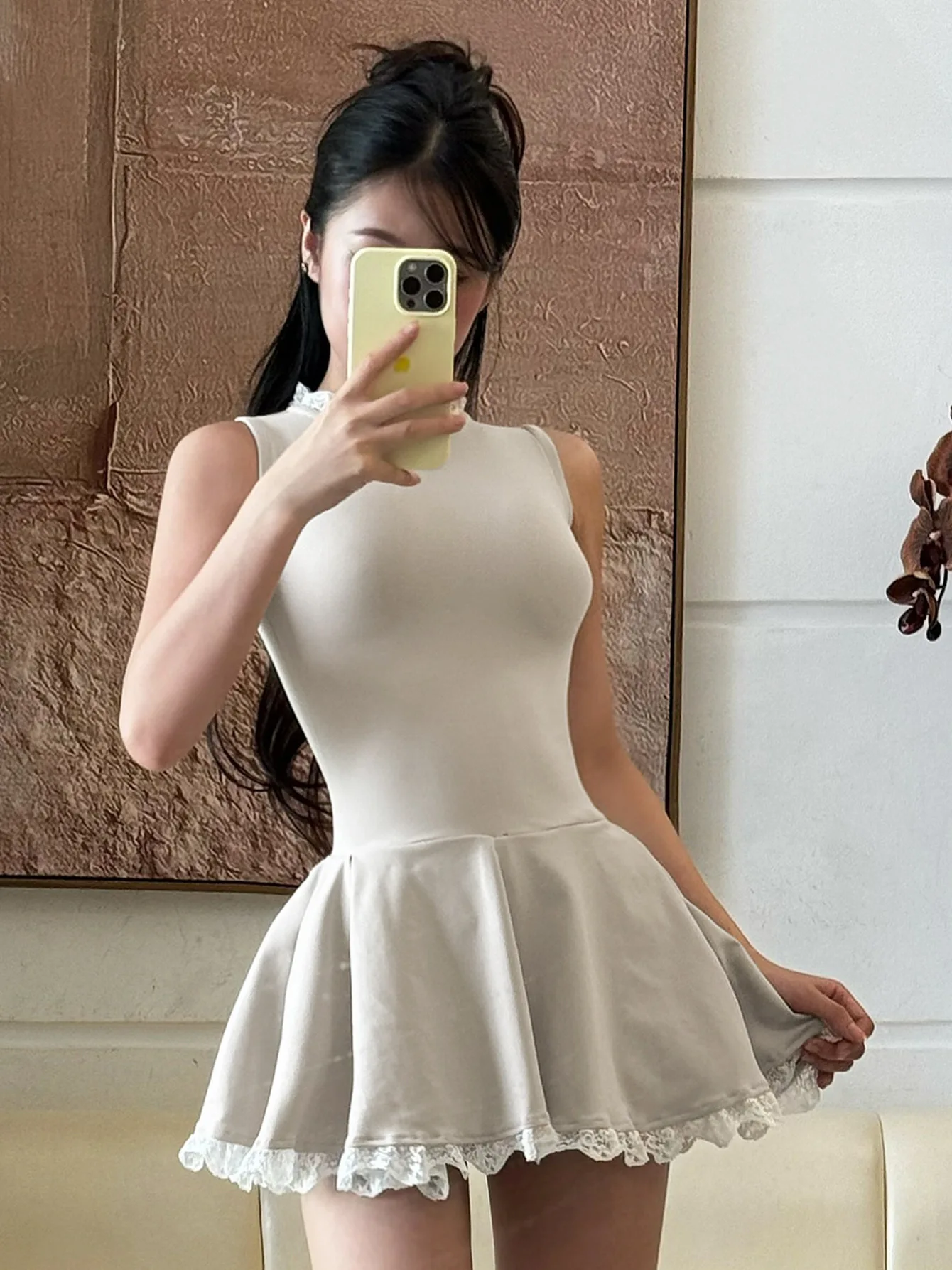 Autumn Lace Patchwork Mini Dress For Women Ruffled Sleeveless Elegant Slim Party Dress Gown Female Luxury High Waist Dress