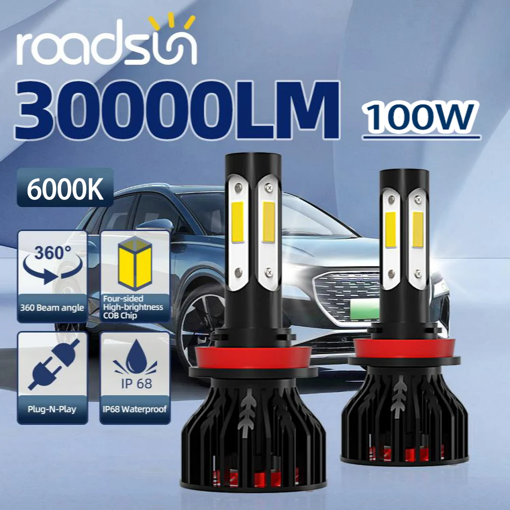 Teenram 30000LM 2ชิ้น H7 H11 9005 H13 H4 9006 9007 9004ไฟหน้า LED 100W พร้อมพัดลมทำความเย็น800% ความสว่างติดตั้งง่าย 1