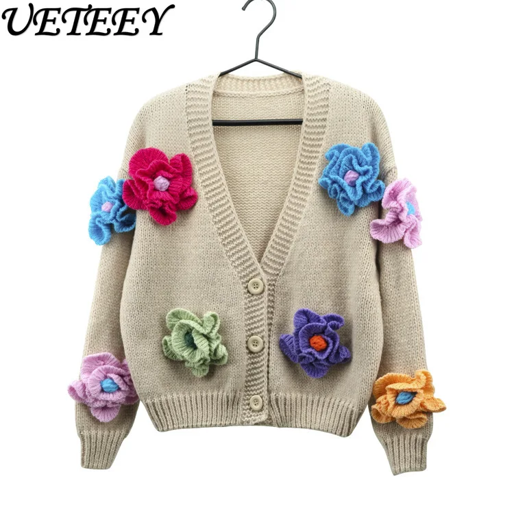 

New Handmade Long-Sleeved V-neck Cardigan Sweater Women's Exquisite Embroidered Flowers Design Single-Breasted Knitted Coat