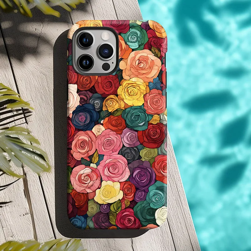 Colorful Flower Shockproof Bumper Phone Case with 2-in-1 Film Shell Design