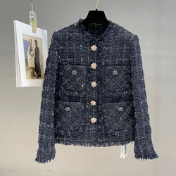 Autumn 2023 New Casual Plaid Tweed French Small Fragrance Light Luxury Elegant Loose Chic Long Sleeve Tassel Women Short Coat