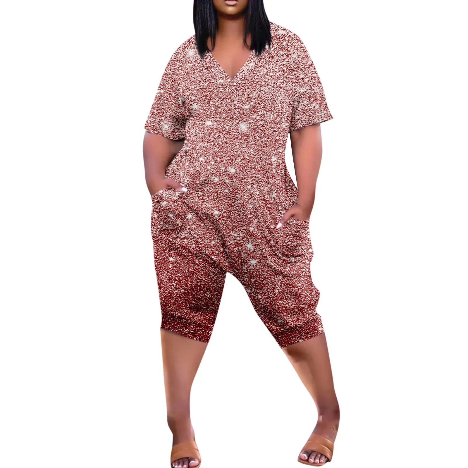 

Женский Повседневный Блестящий комбинезон с коротким рукавом и V-образным вырезом, с карманами, Официальный магазин