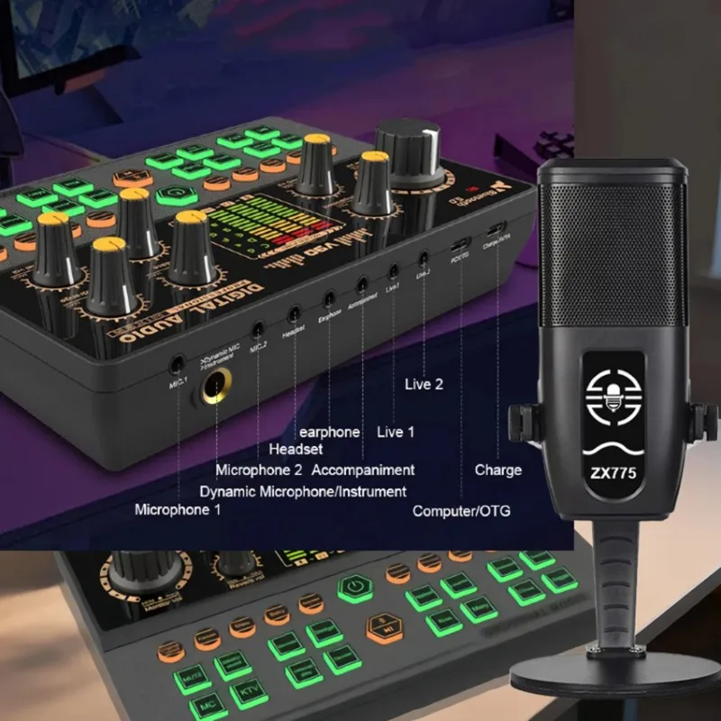 A41Z-V90+ZX775 사운드 카드 세트 믹서 음성 변조기, 라이브 스트리밍 및 게임용, PC 및 스마트폰용