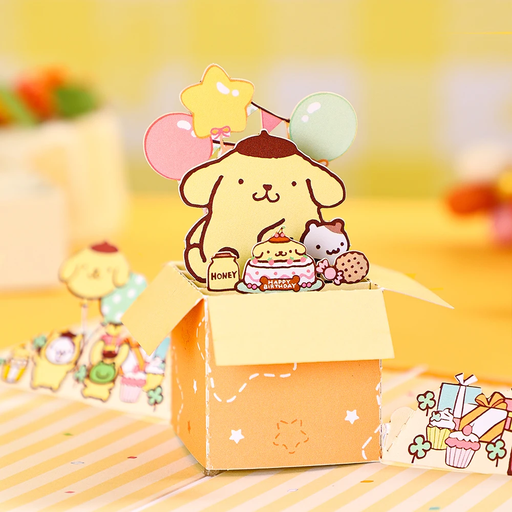 3D Cartoon Greeting Cards Birthday Card Sanrio Hello Kitty Melody Kuromi Pom Pom Purin Pop Up Box Gift Cards