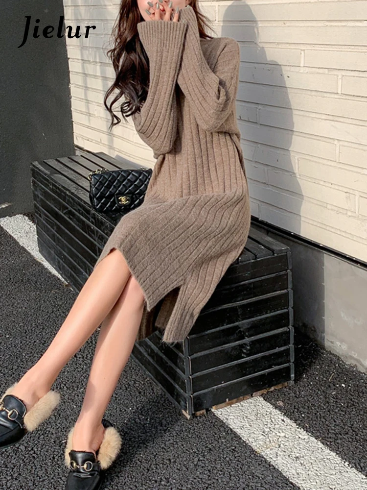 

Jielur Casual Half Turtleneck Knitted Dress Split Loose Long Sleeve Sweater Dress Winter New Korean Fashion Women's Clothing