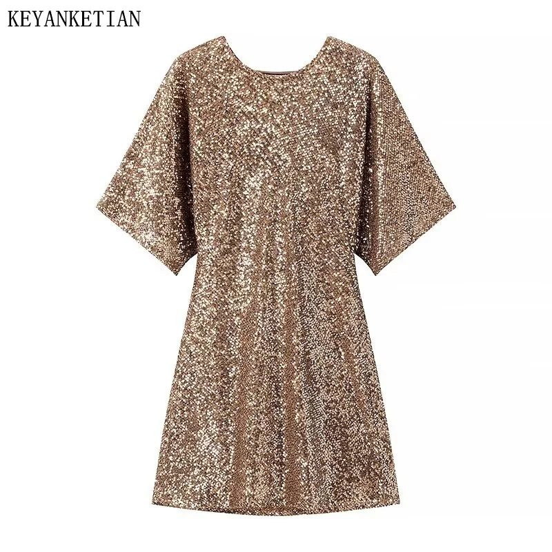 

KEYANKETIAN New Launch Women's Beading Decoration Backless Dress Stylish Sexy Short Sleeve Slim Club Wear A Line Mini Dress
