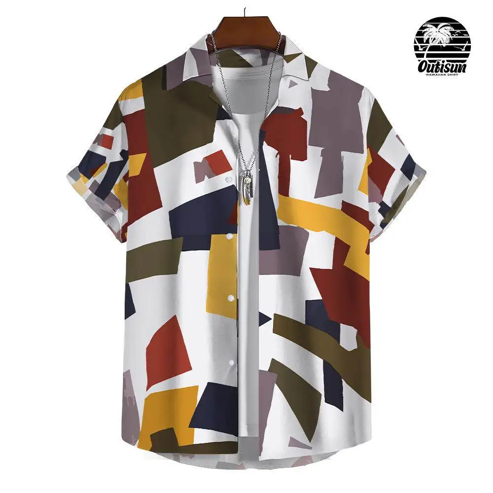 Men's Casual Short Sleeve Shirt Patchwork Plaid Print Summer Daily Casual Wear Men's Shirt Oversized Top Size S-5XL 2
