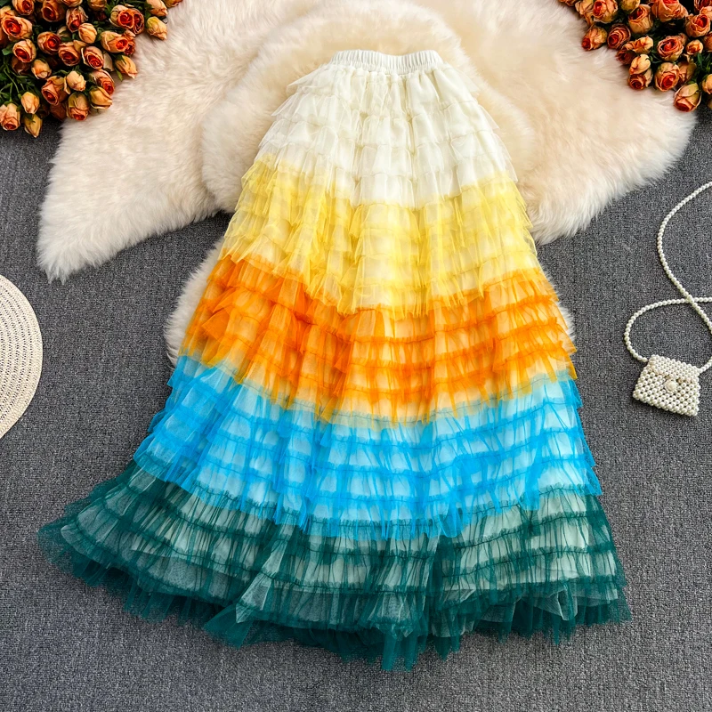 

2023 Korean Fashion A-line Fairy Dress Elastic Waist Rainbow Gradient Mesh Skirt High Waist Fluffy Cake Skirt Half Length Skirt