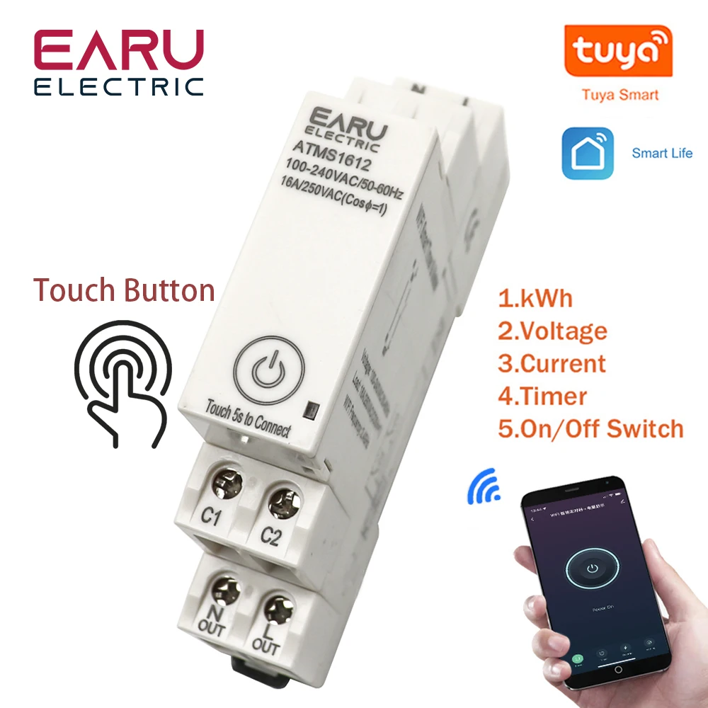 

AC 110V 220V 16A Single Phase Din Rail WIFI Smart Timer Relay Switch Breaker Remote Control by Tuya APP KWH Energy Power Meter