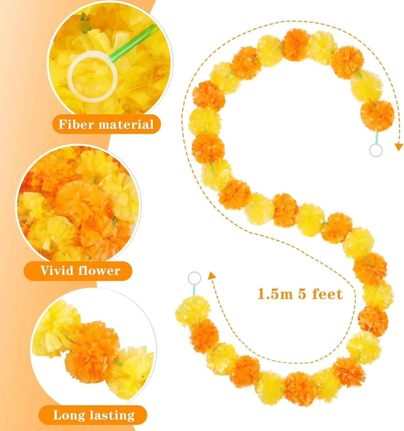 1 Stück 1,5 m künstliche Ringelblumen-Girlande, Halloween-Dekorationen für Heimdekoration, Garten, Außentür, Hochzeit, orangefarbene Ornament – Detail 11