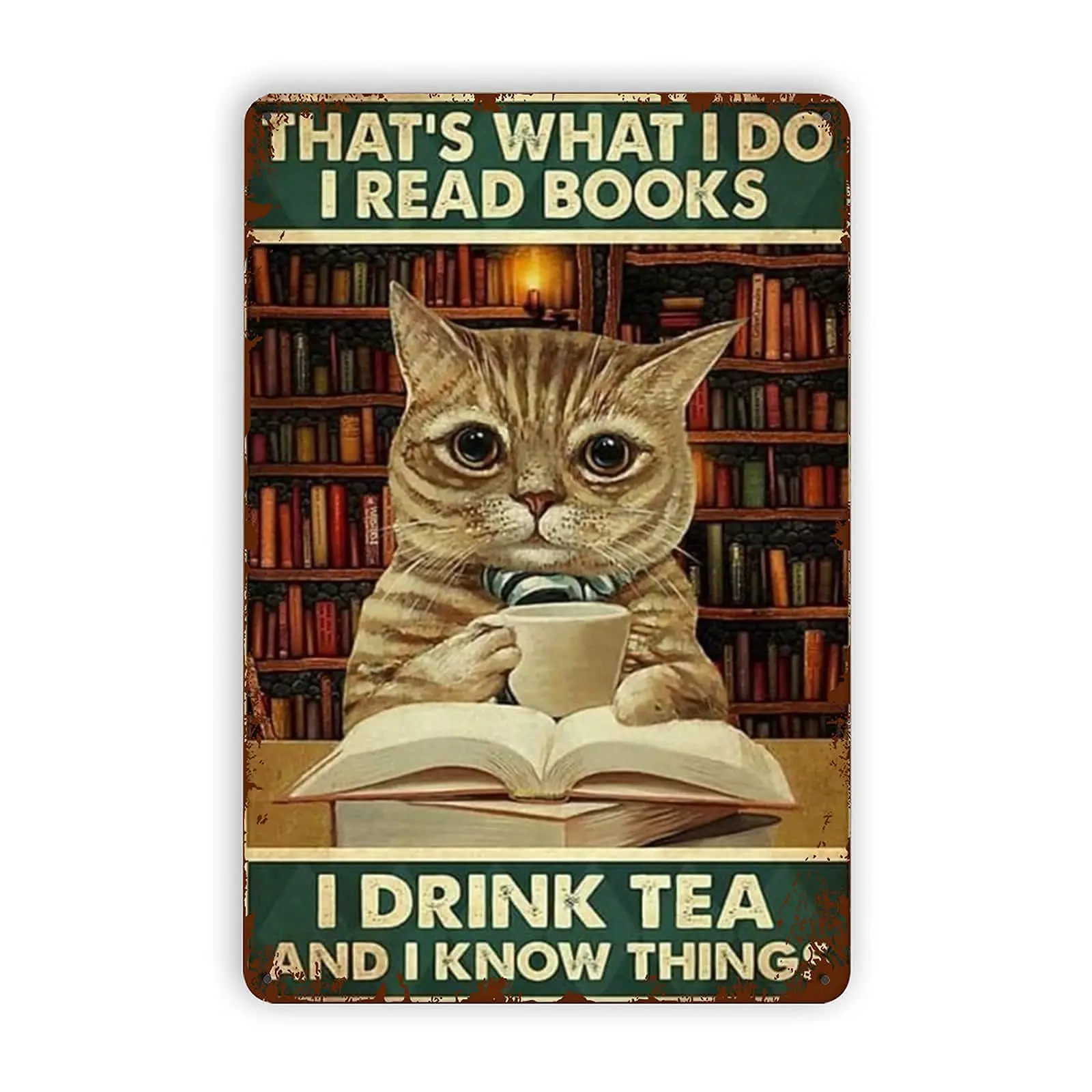 

That's What I Do I Read Books I Drink Tea and I Know Things Metal Sign Vintage Cat Reading Book Wall Decor Home Man Cave Caf