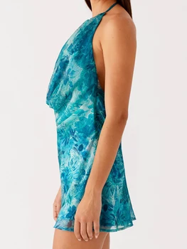 Elegant Women s Floral Print Halter Neck Mini Dress with Open Back and Bodycon Fit for Summer Parties and Events 3