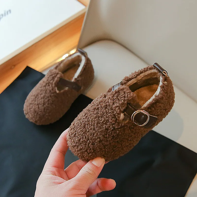 Winter Girls Shoes Lambswool Warm Children Flats Soft Sole Kids Cotton Shoe Casual Loafers Lightweight Non-slip Baby Furry Shoes