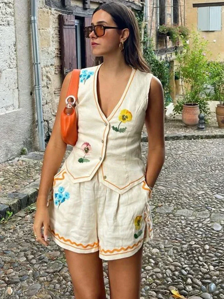 New Conjunto De Pantalones Cortos Bordados Para Mujer, Traje De 2 Piezas Sin Mangas Con Botones, Chaleco Y Pantalón Corto,