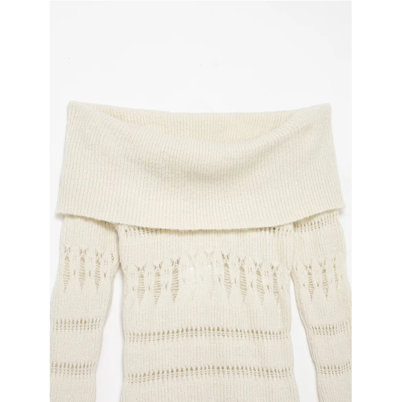 Chic Autumn Knitted Pullover Women Off Shoulder Sweater Fashion Casual Long Sleeve Female Hollow Out Knitwear Top
