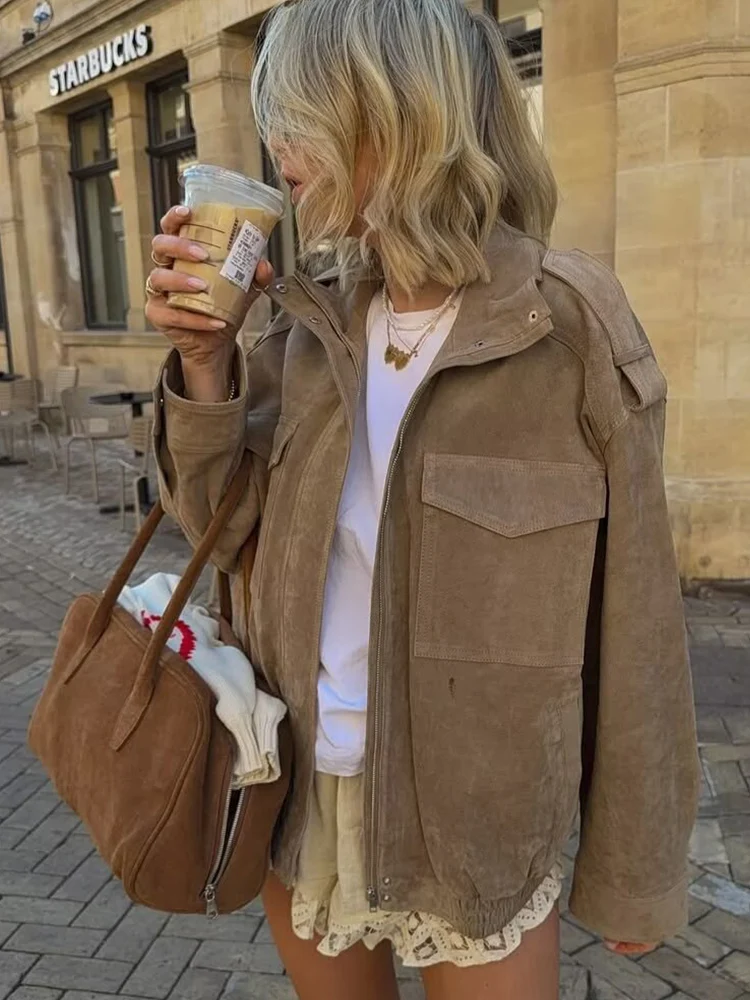 Women Vintage Suede Jacket 2025New Autumn Winter Fashion Long Sleeve Zipper Loose Coat Chic Female High Street Leisure Outerwear