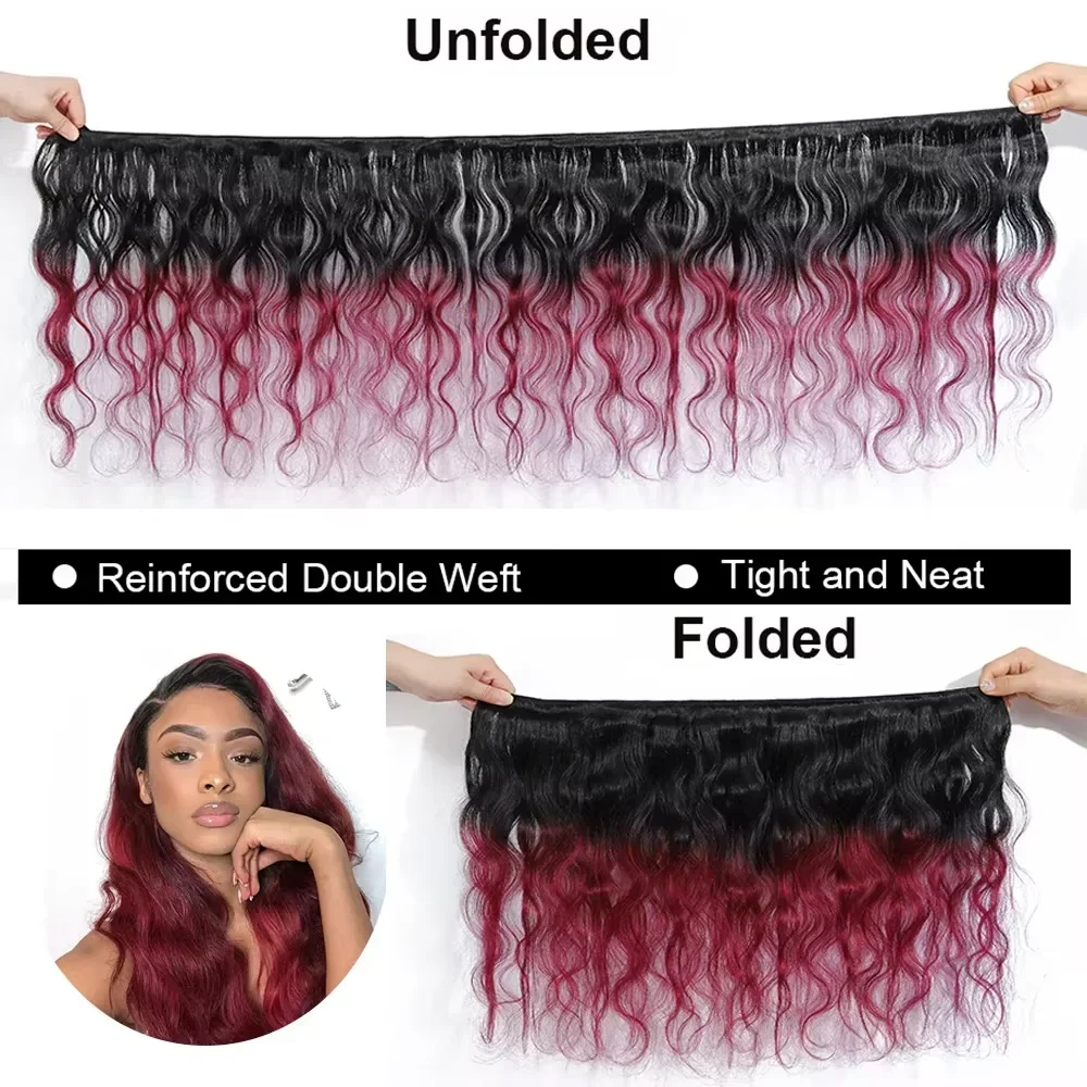 Extension di Capelli Umani Brasiliani 1B/Burgundy con Onde Morbide, 100% Capelli Umani con Chiusura in Pizzo 4x4, Extension Remy - immagine 4