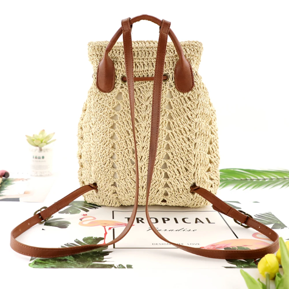 Fashion Straw Women Shoulder Bag Backpack Hand-Woven Female Beach Holiday Simple Purse for Women Outdoor Bag 4