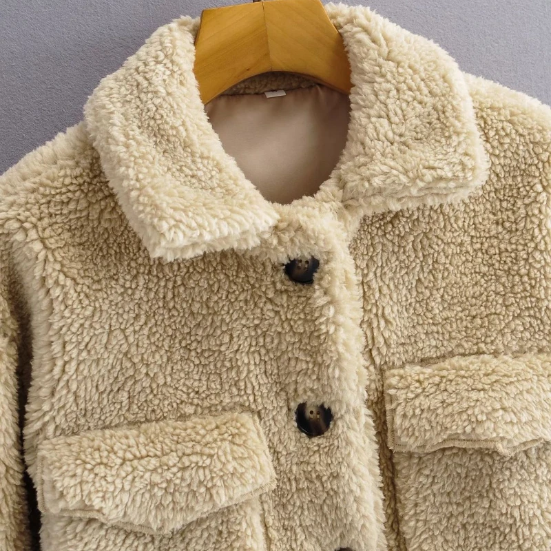 New 2024 Women's Autumn and Winter Street Style Lamb Wool Thickened Cropped Top Slim Slimming Lapel Single-breasted Jacket