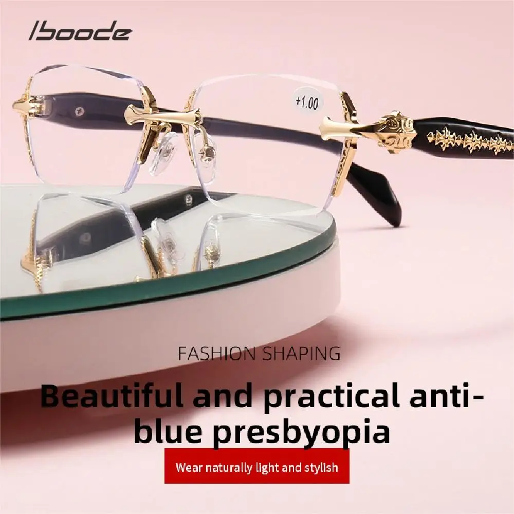 

Retro Frameless Reading Glasses Women Men Metal pattern border Frame Eyeglasses Anti-blue Light Fashion Presbyopic Eyeglasses