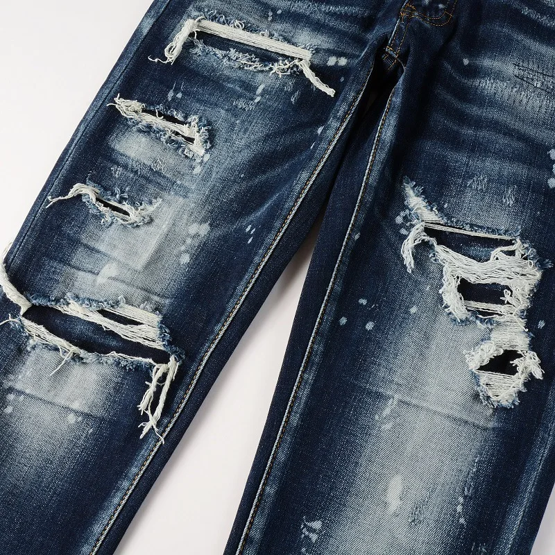 Washed and Made Old Cat Whisker Patch Ripped Elastic Slim Pants Ink Splashing Jeans for Men