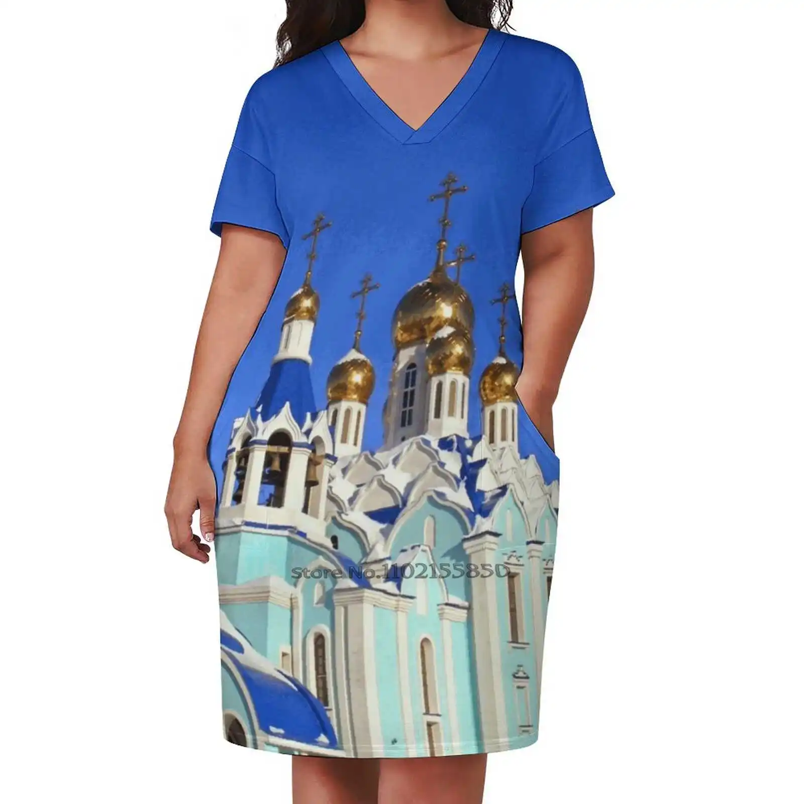Abito Da Tasca Allentato Da Chiesa Abito Casual Con Scollo A V Da Donna Abito Stampato Chiesa Inverno Russia Cross Style Sky Blue Religion Y2K