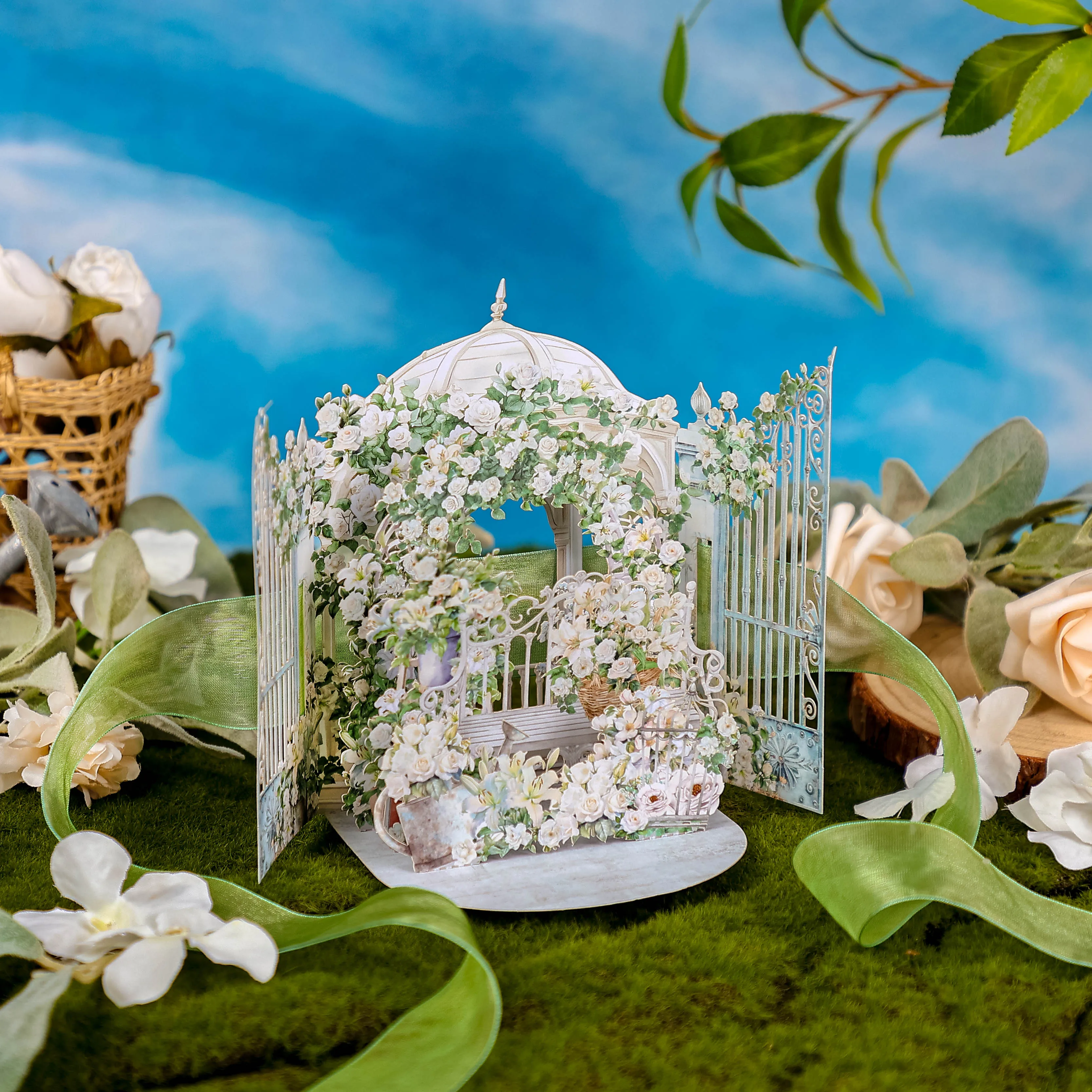 Greeting Cards White Rose Garden Pop-up Greeting Card Spring Rose Lily Garden Perfect Wedding Invitation with Green Ribbon Birthday Card
