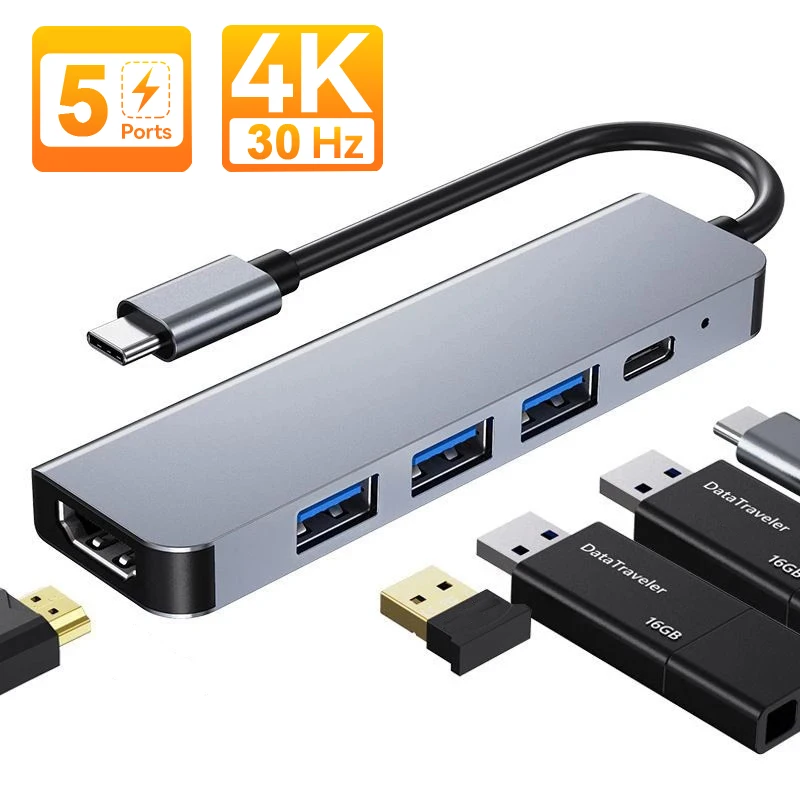 

USB C HUB 4K 30Hz Type C to HDMI-compatible USB 3.0 Adapter PD87W USB C Docking Station USB Splitter for MacBook Air M1 iPad Pro