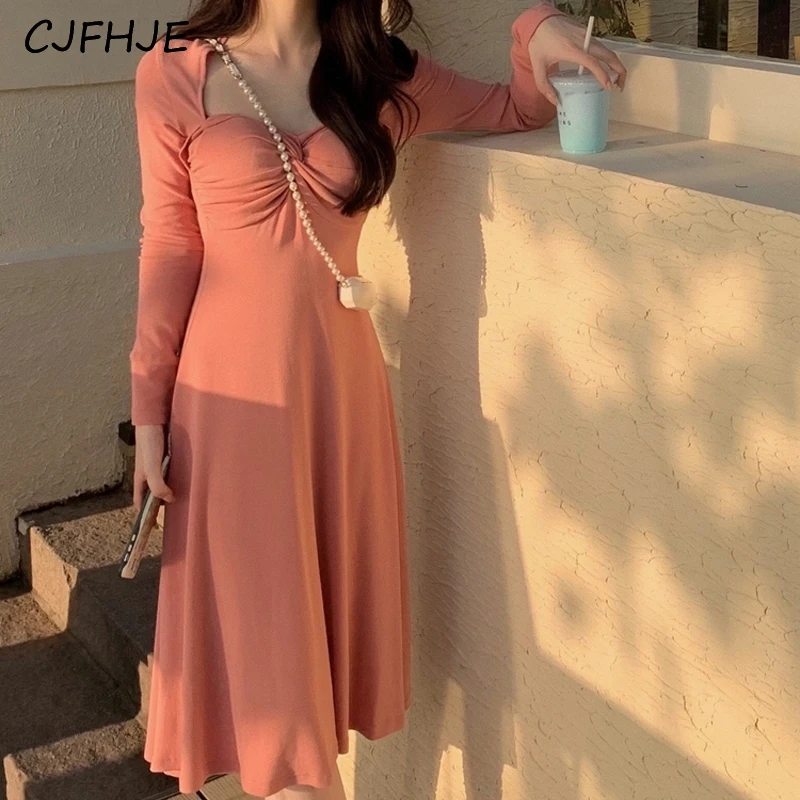 

CJFHJE Elegant Pink Long Dress Women Korean One Piece Vintage Slim Long Sleeve Dress Casual Chic Design Evening Party Dresses