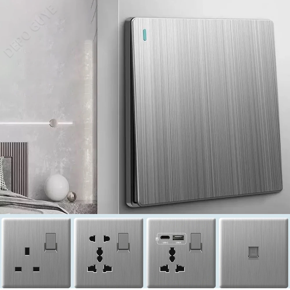 Ultra บางแปรงสีเทาผนัง 2 ทิศทางแผงสวิทช์, UK มาตรฐาน 18W Type-C Fast CHARGING Power Outlet Universal Dual 3pin ซ็อกเก็ต USB 1