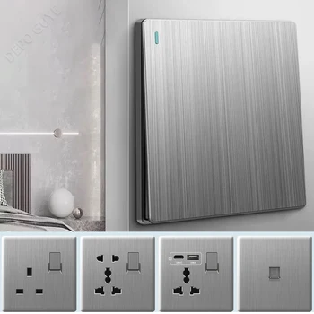 Ultra บางแปรงสีเทาผนัง 2 ทิศทางแผงสวิทช์, UK มาตรฐาน 18W Type-C Fast CHARGING Power Outlet Universal Dual 3pin ซ็อกเก็ต USB 1