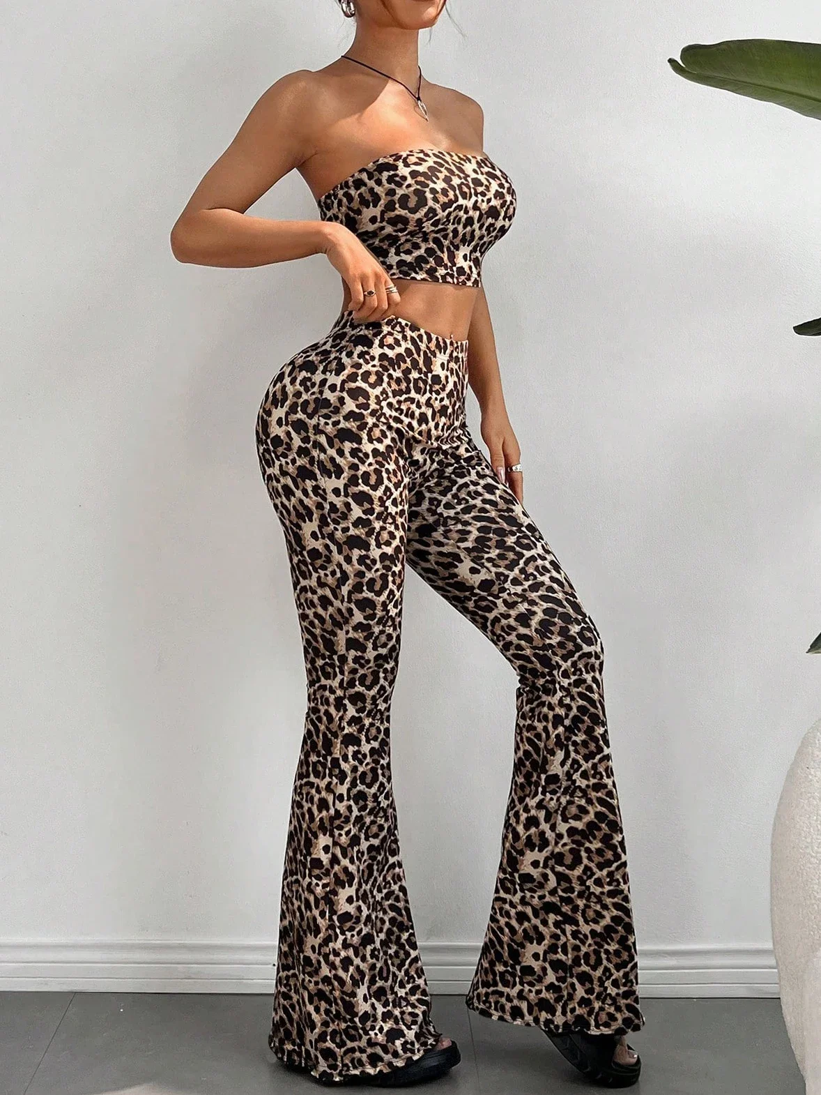 Leopard Print Slim Fit Crop Top & Flared Pants Set