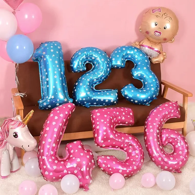 

YNaayu Pink Heart and Blue Star Digital Balloon, Birthday Party Decoration, Photo Props, 32 inch