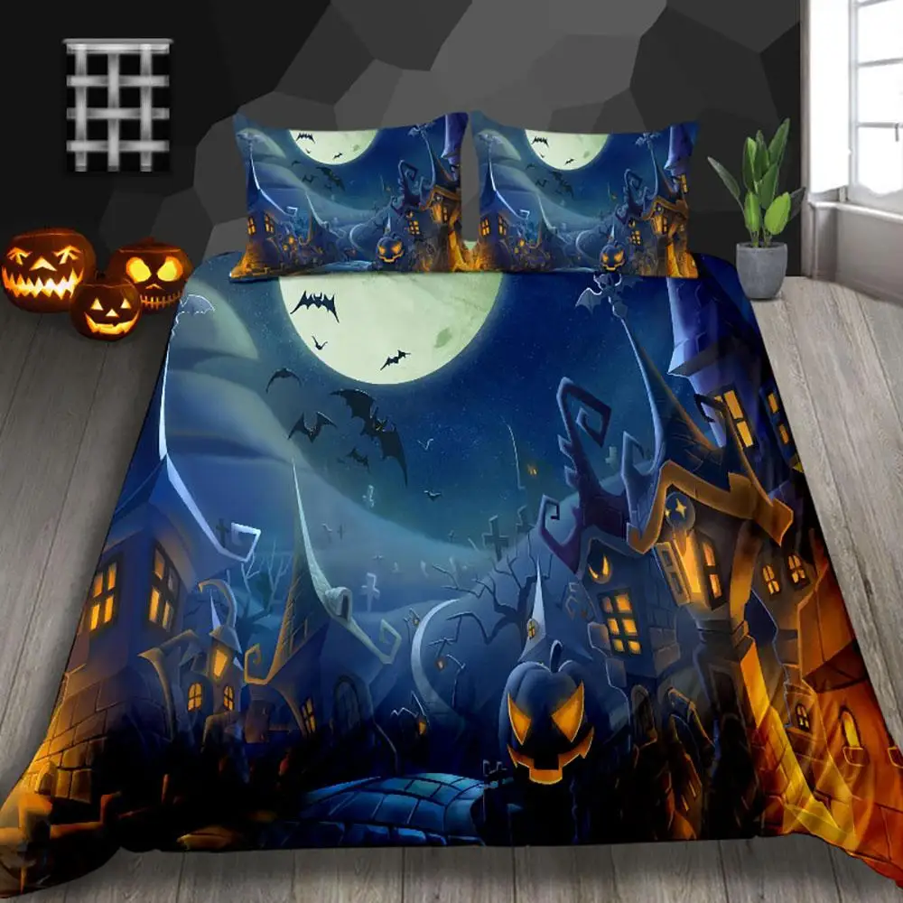Vintage Haunted House Pumpkin Halloween Bed Set