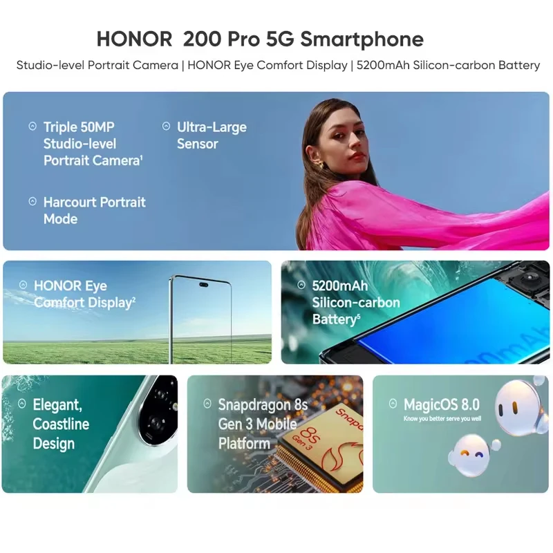 New Original Global Version Honor 200 Pro Snapdragon 8s Gen 3 6.78" 120Hz AMOLED 5200mAh 100W SuperCharge NFC HONOR 2