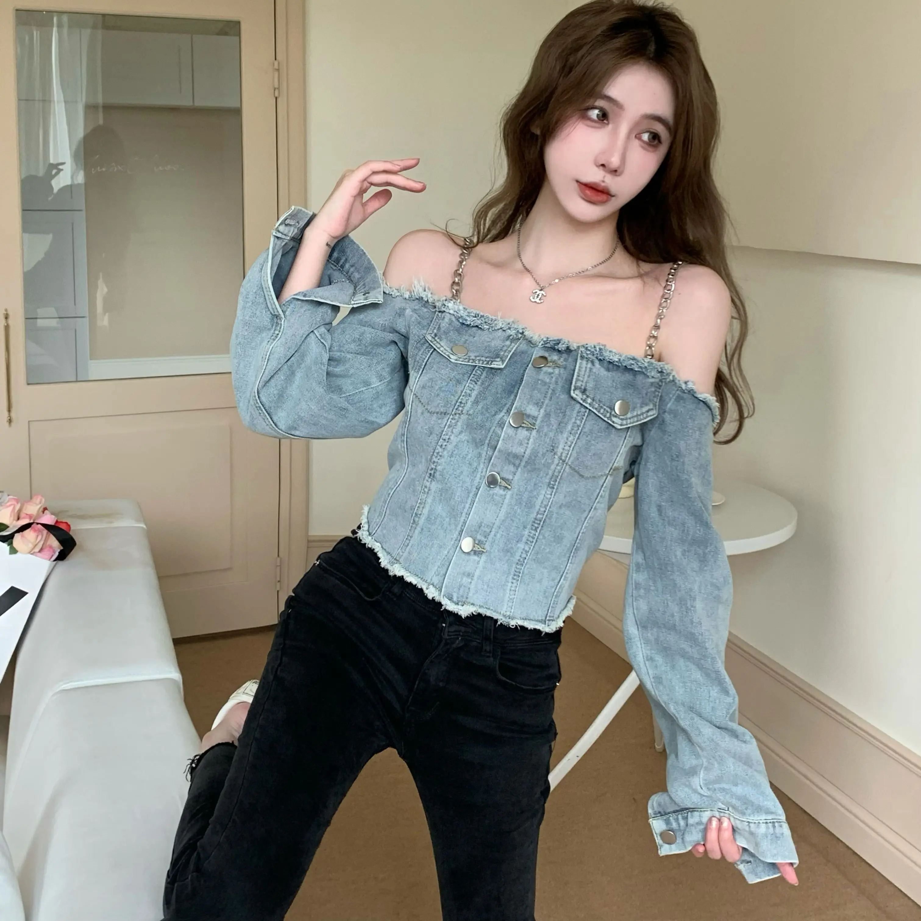 

2022 Clothes For Women Sling Retro Sexy Off Shoulder Denim Pocket Tassel Free Shipping