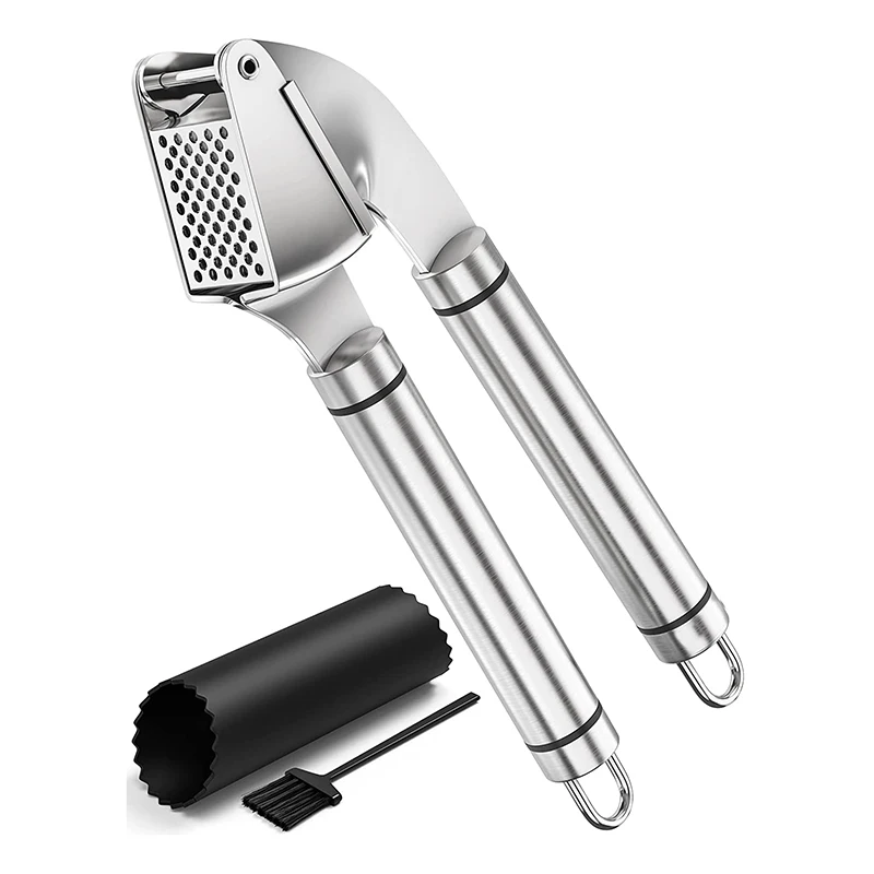 

Hand-held Stainless Steel Garlic Press Rust Proof Ginger Crusher With Silicone Roller Cleaning Brush